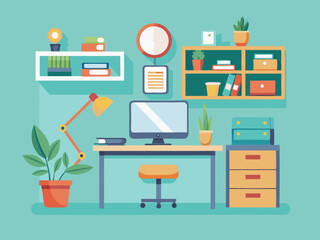 Illustration of a tidy home office setup with desk, computer, shelves, and plants in a flat design style