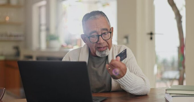 Senior man, credit card and laptop for payment in home, ecommerce and internet banking for transaction. Elderly male person, finance and typing account number on website, online and investment