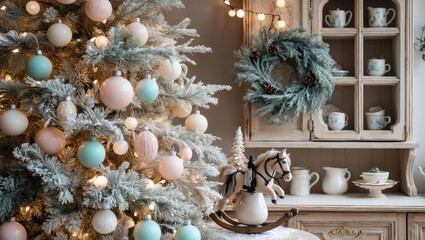 Stylish and cozy kitchen interior with a decorated tree, snow branch vase, and rocking horse.