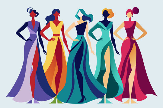 Illustration of five women in elegant gowns with high slits and diverse skin tones standing together