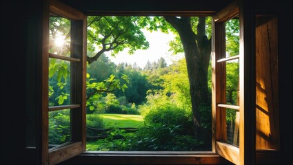 Open wooden window with a garden vista