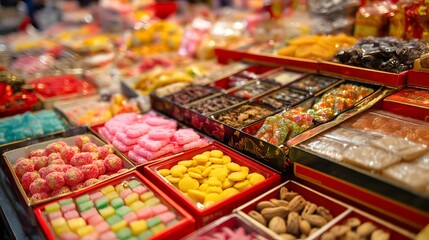 Fototapeta premium Assorted Candy Display in a Vibrant Market During Chinese New Year Festivities