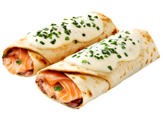 Photo of Delicious Salmon Wraps with Cream Sauce and Herbs on Transparent Background