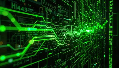 Abstract Glowing Green Circuit Board Digital Data Network Background