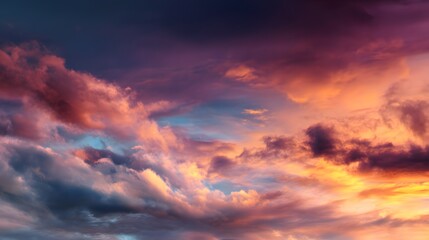 Obraz premium Dramatic Colorful Sunset Sky Background with Striking Cloud Patterns in Vibrant Hues of Orange and Purple
