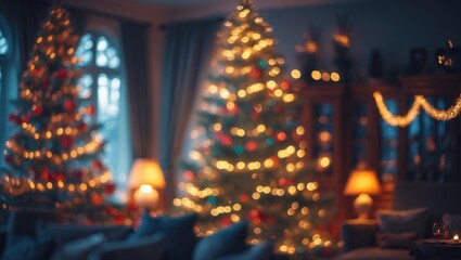 Fuzzy Area of Living Room Setting Featuring Tree, Fairy Lights, Lamps, and Candlelight