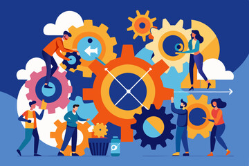 Group of people interacting with gears and cogs in a collaborative and mechanical environment setting