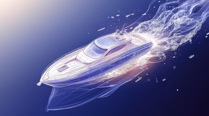 Naklejka premium Sleek Yacht Gliding Across the Sea: A luxurious yacht, depicted in a high-tech, stylized manner, cuts swiftly through the water, leaving a trail of ethereal, luminous waves, with a clean.