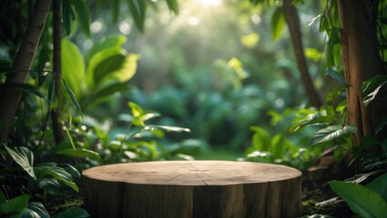 Wooden pedestal stand for natural product display in a lush garden setting