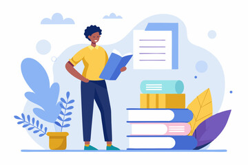 Person standing reading a book next to a stack of books and a potted plant illustration art
