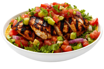 Photo of Grilled Chicken Salad with Fresh Vegetables in White Bowl Isolated on Transparent Background