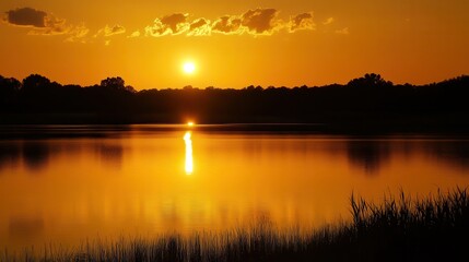 Obraz premium Sunset reflecting on calm lake, trees silhouetted