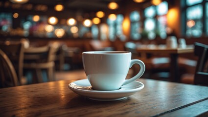 Fototapeta premium Wooden table with a coffee cup and a blurred background
