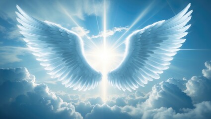Blue Sky Guardian Angel - gorgeous angel wings radiating bright white light set against an otherworldly sky with room for copy