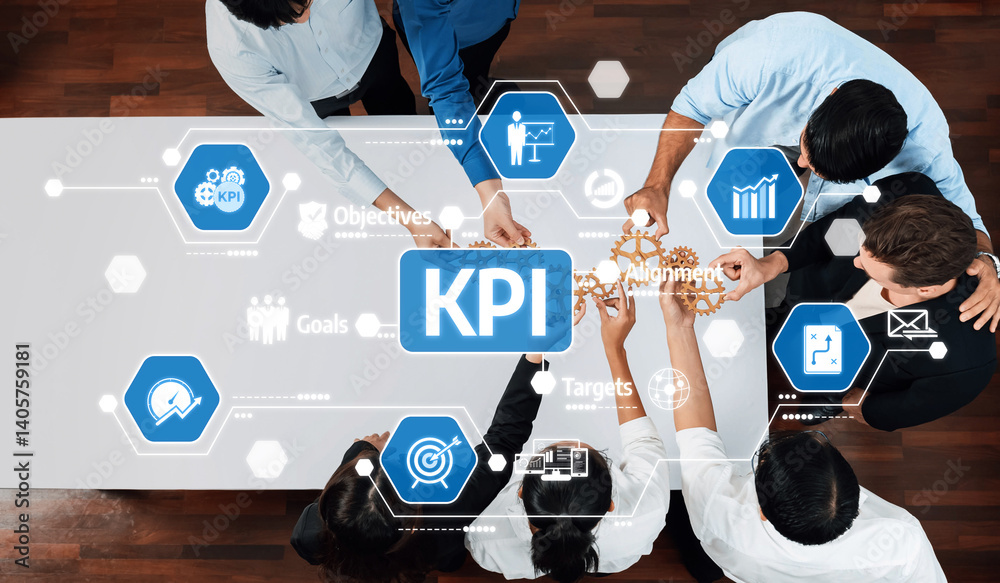 Poster a top-down view of a collaborative meeting focused on kpi development, showcasing teamwork, modern t