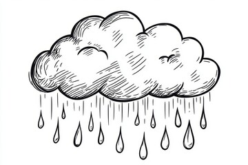 Hand-drawn illustration of a rain cloud.  Detailed sketch of a cumulus cloud with rain drops falling