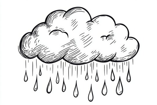 Hand-drawn illustration of a rain cloud.  Detailed sketch of a cumulus cloud with rain drops falling