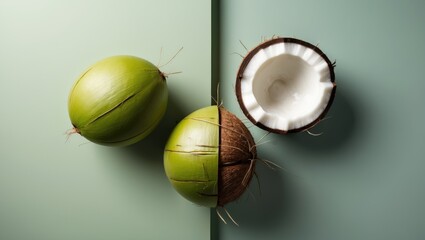 Artistic arrangement featuring coconut on a backdrop. Aerial perspective.