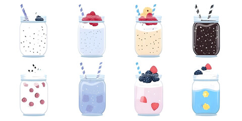 Pixel Art Illustration of Assorted Smoothie Drinks with Fruit on Black Background
