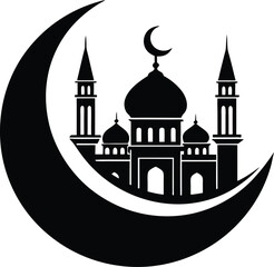 Moon with Mosque Silhouette Vector | Islamic, Ramadan & Religious Night Scene