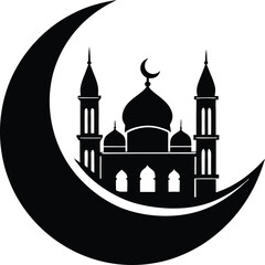 Moon with Mosque Silhouette Vector | Islamic, Ramadan & Religious Night Scene