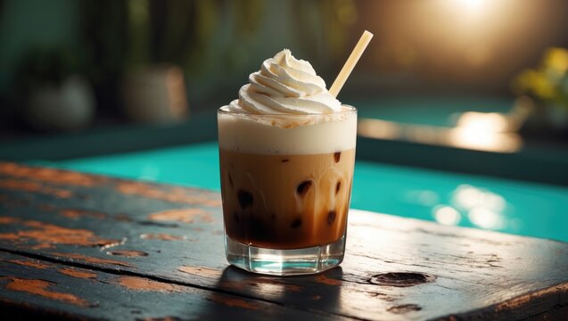 Iced coffee in closeup, commonly called freddo cappuccino with a straw
