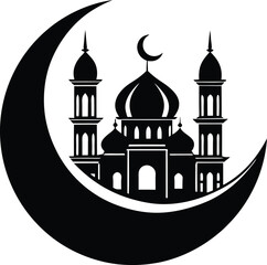 Moon with Mosque Silhouette Vector | Islamic, Ramadan & Religious Night Scene