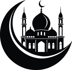 Moon with Mosque Silhouette Vector | Islamic, Ramadan & Religious Night Scene