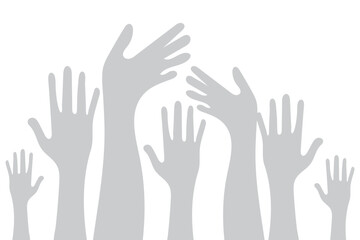 Many colorful Raising hands white background. Raised hands silhouette isolated on white background. Hands up illustration.
