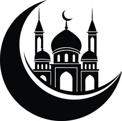 Moon with Mosque Silhouette Vector | Islamic, Ramadan & Religious Night Scene