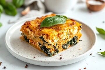 A vegetarian lasagna featuring layers of spinach, ricotta, and marinara sauce, garnished with fresh basil leaves on a white ceramic plate