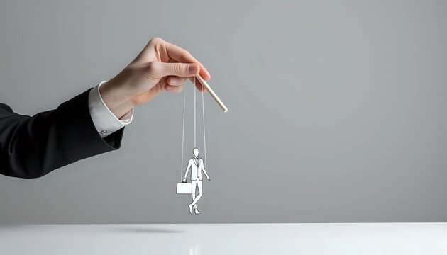 Hand controlling businessman puppet with strings - power and manipulation