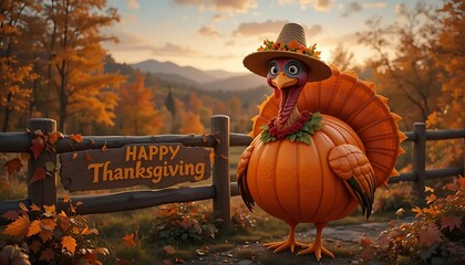 Turkey Hiding in Pumpkin – Funny Thanksgiving Survival Concept | Cartoon of a sneaky turkey hiding inside a pumpkin to avoid being eaten, perfect for Thanksgiving greeting cards or humorous content