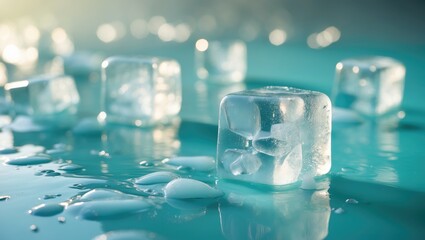 Sunlit backdrop featuring melting ice cubes and cold water.