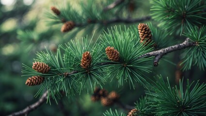 Evergreen cedar tree branch featuring needles and cones.