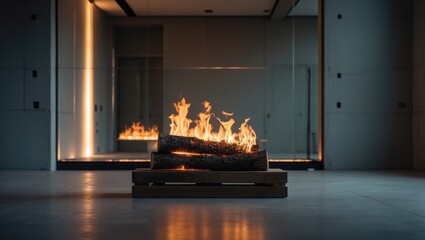 Fire igniting in freshly set up fireplace. Home repairs following construction.