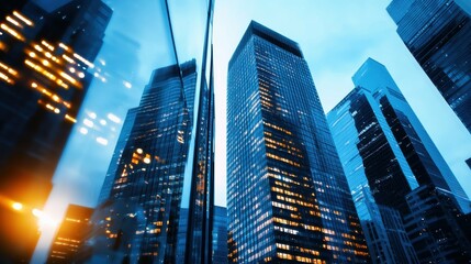 Fototapeta premium Urban skyline reflection modern business district crystal glass surfaces evening lights high-angle view architectural beauty