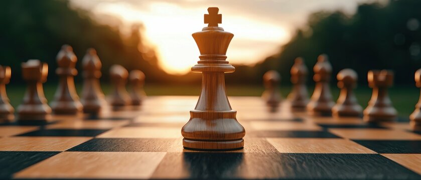 Strategic chess game at sunset outdoor park photo calm environment close-up perspective corporate strategy concept