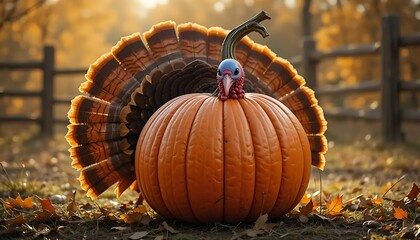 Turkey Hiding in Pumpkin – Funny Thanksgiving Survival Concept | Cartoon of a sneaky turkey hiding inside a pumpkin to avoid being eaten, perfect for Thanksgiving greeting cards or humorous content