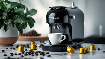 White cup and pod capsules on light kitchen with espresso coffee machine and aromatic beans