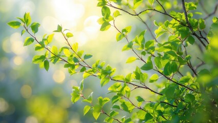 Obraz premium Fresh young leaves emerge on a branch. Blurred sunny backdrop with bokeh. Vibrant natural aesthetic. The idea of renewal, warmth, and happiness. Nature conservation postcard. Springtime in the park.
