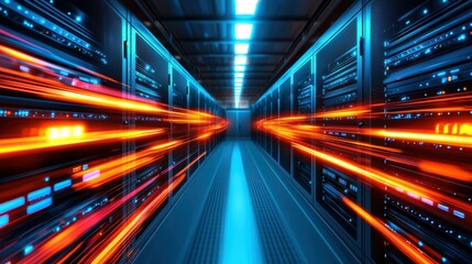 Data flowing into a secure server room it infrastructure digital environment high-tech viewpoint cybersecurity concept