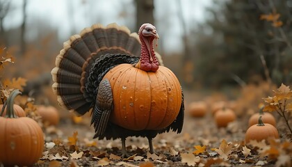 Turkey Hiding in Pumpkin – Funny Thanksgiving Survival Concept | Cartoon of a sneaky turkey hiding inside a pumpkin to avoid being eaten, perfect for Thanksgiving greeting cards or humorous content