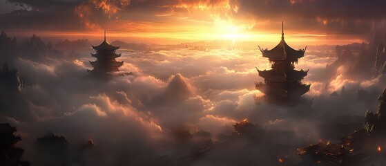 Sunset Pagodas Above Cloudscape