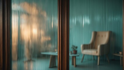 Close-up of textured corrugated glass showcasing reflections, Trendy interior decor, Innovative layout of a living room, Vertical wave pattern in glass, Format, available space for content.