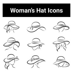 Black outline drawing woman’s hat icon set collection