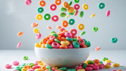 Brightly colored cereal dropping into a bowl