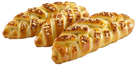 Photo of Three Golden Baked Pastries with Nut Topping Isolated on Black