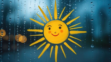 Radiant sun shining through a frosted window in a playful art style