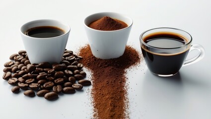 Obraz premium A backdrop featuring coffee beans, ground coffee, and a cup of black coffee